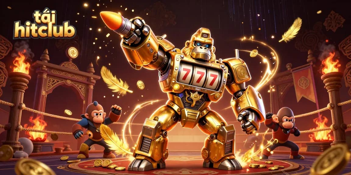Experience the thrill of tải hitclub with an explosive golden gorilla mech in a vibrant casino arena.