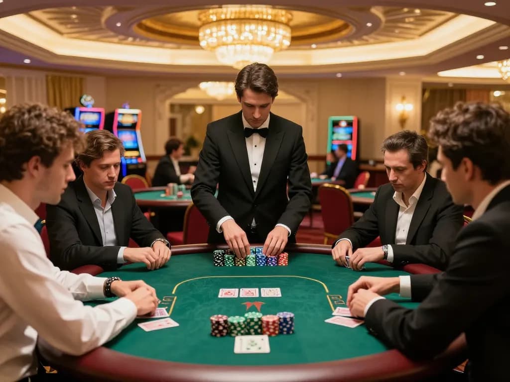 Players focus on intense poker game at sunwin casino table, showcasing strategic gameplay.