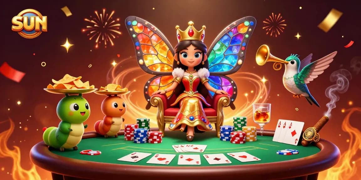 Bet big with the sun-themed butterfly queen and poker champions in vibrant 3D illustration.