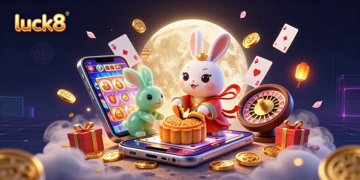 Experience luck8 with a vibrant 3D illustration of a moon rabbit revealing poker chips amidst exciting casino elements.