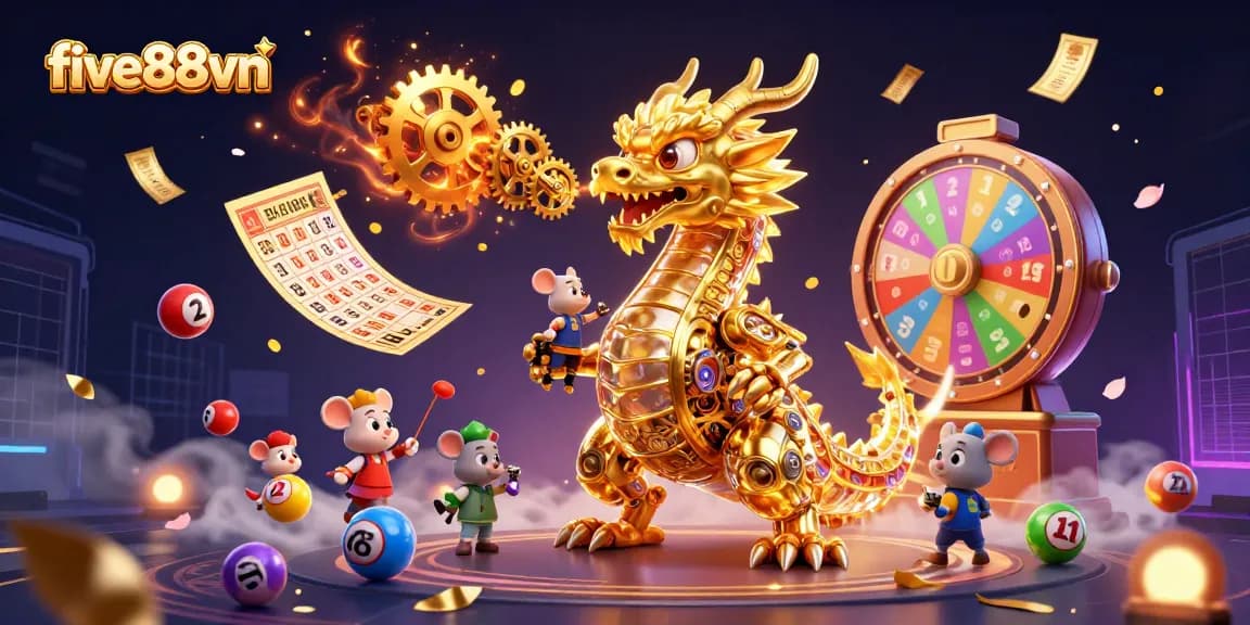 Experience thrilling gaming action at five88vn with colorful lottery elements and a captivating dragon.