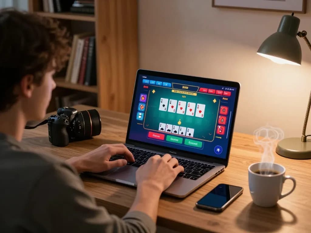 Engaging in a thrilling yo88 blackjack game online, capturing strategic moments in a cozy home gaming setup