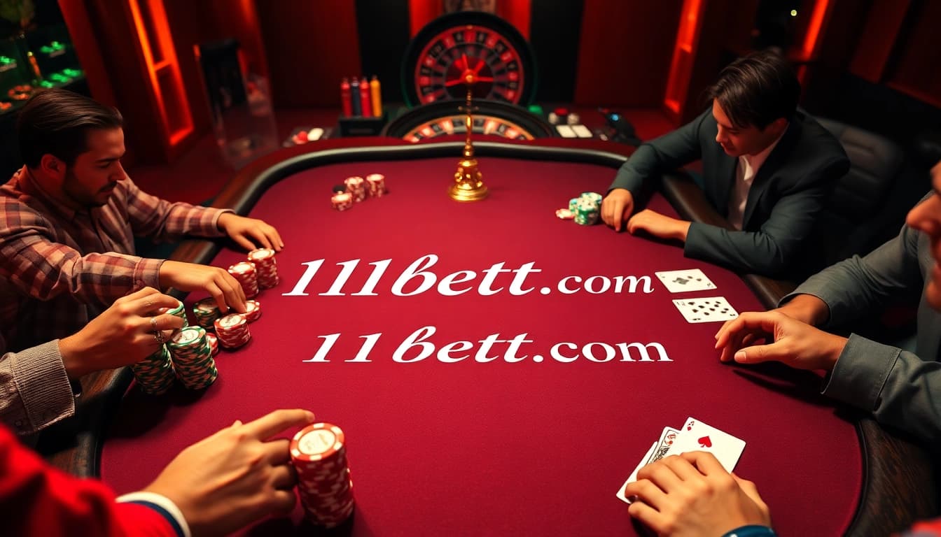 High-stakes poker game at 11bett.it.com with colorful chips and intense players.