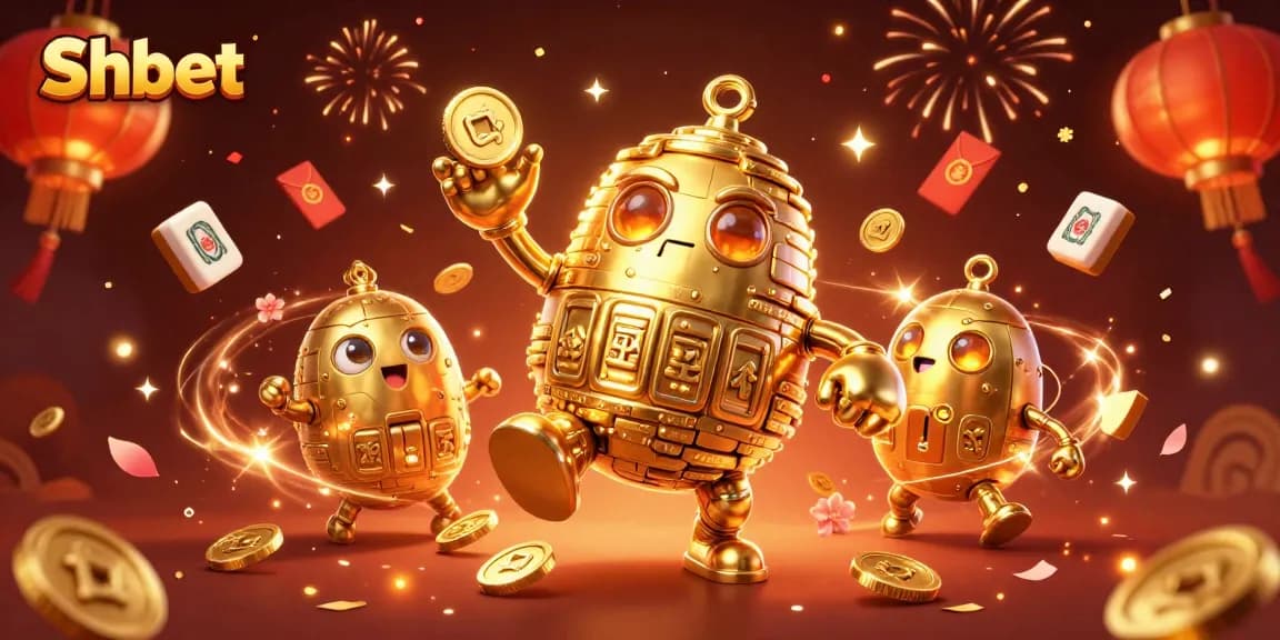 Experience thrilling gameplay with Shbet in a lively casino scene featuring golden golems and festive elements.