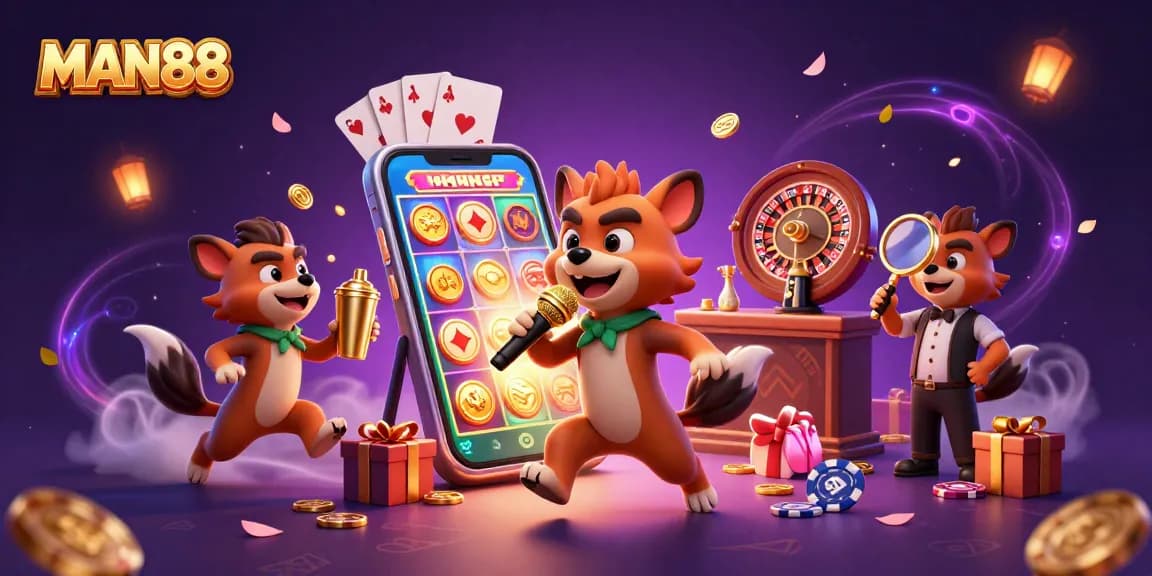 Interact with MAN88's vibrant casino scene featuring hyena entertainers and slot games.