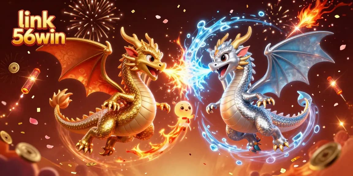 Bet big with link 56win, featuring dynamic dragons, jade coins, and festive celebration!