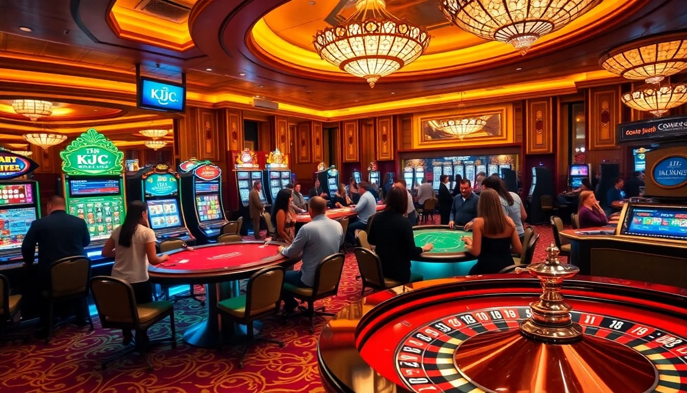 Exciting gaming atmosphere at KJC casino with vibrant slot machines and engaging players.