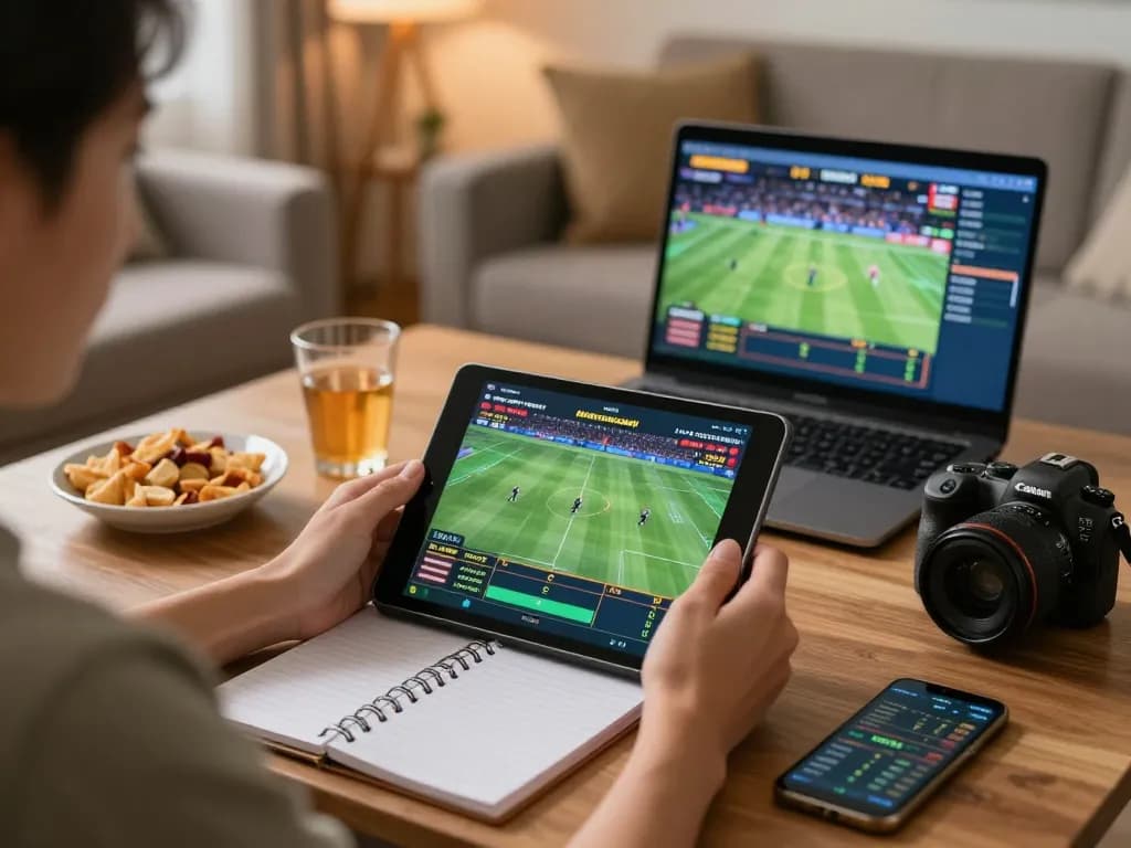 Engaging scene of uu88 vom in action, a person placing online bets during a sports event in a cozy home setting.