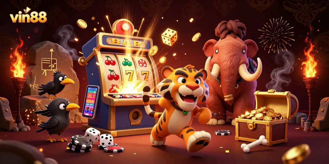 Discover exciting gambling adventures with vin88 in a dynamic casino scene filled with rewards and games.
