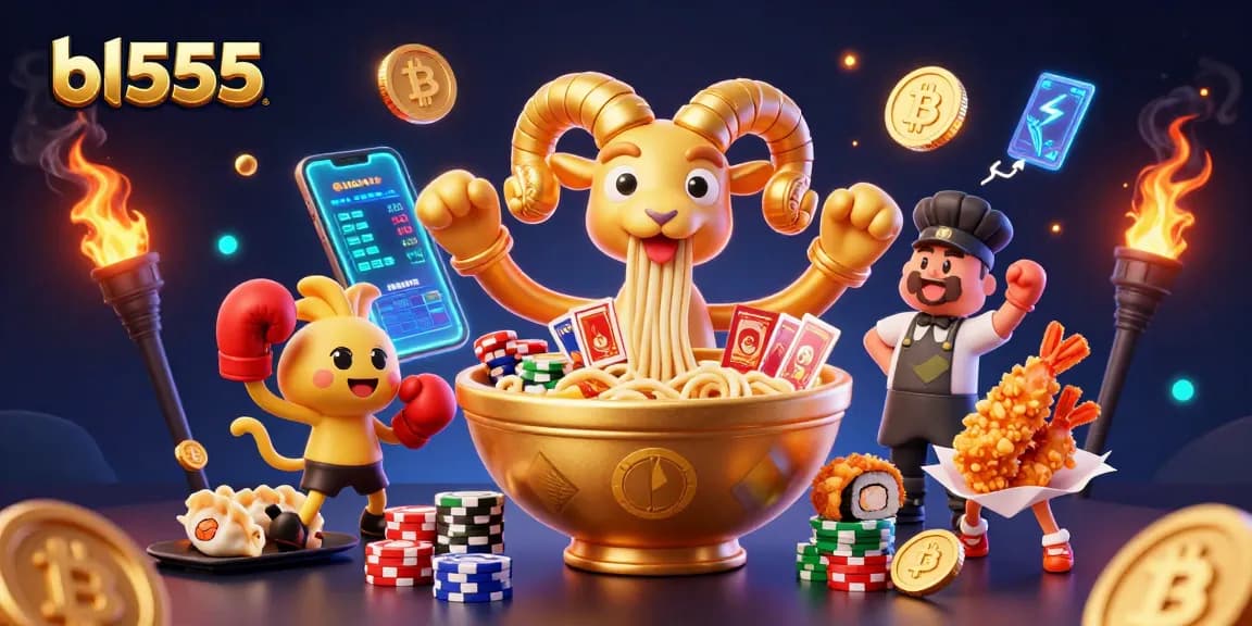 Engage in bl555's 3D casino adventure with a giant ramen bowl dealer and vibrant crypto elements.