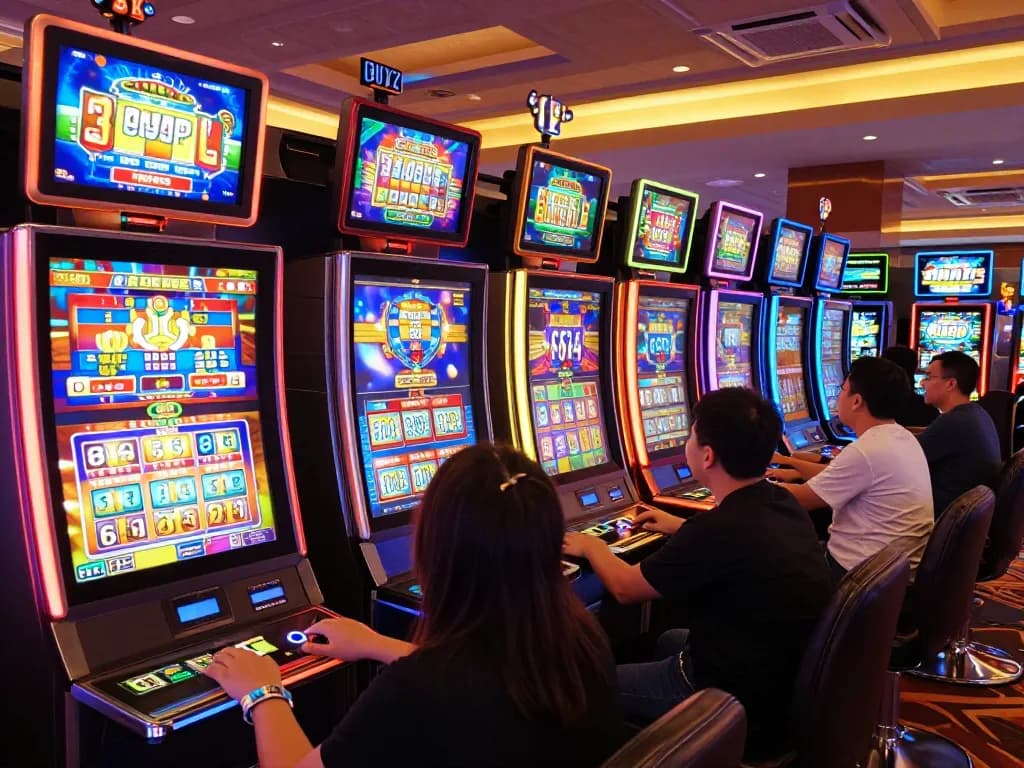 Players enjoying thrilling slot games at 88xx casino, surrounded by colorful machines and vibrant atmosphere.