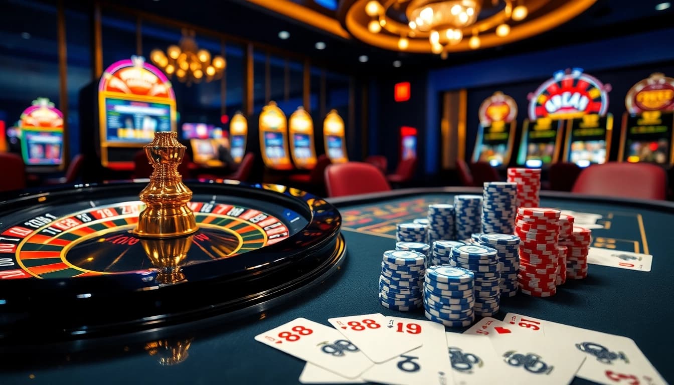 Experience the thrill of gambling at an 88aa casino table featuring vibrant poker chips and a roulette wheel.