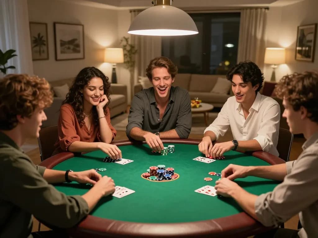 Friends enjoying a lively poker night at home with RR88, showcasing exciting gameplay and social interaction.