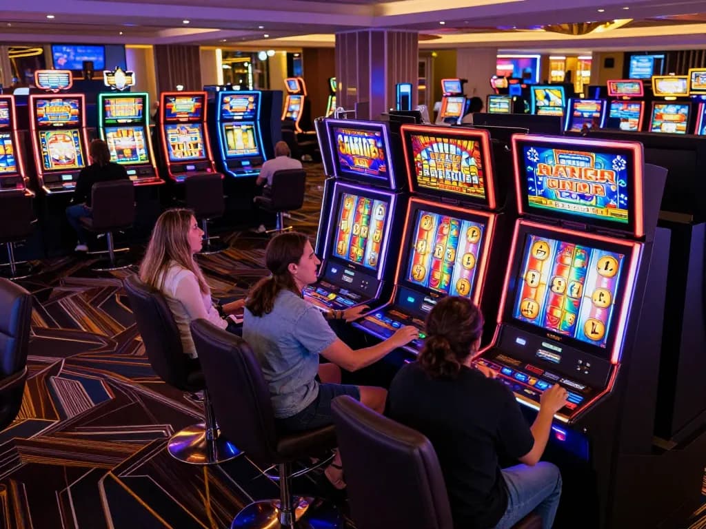 Players at Kwin casino excitement on slot machines, engaging in thrilling gaming action