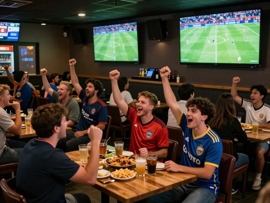 Xem bóng đá Socolive with fans cheering in a vibrant sports bar during a live soccer match.