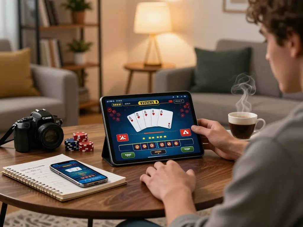 Your winning strategies await at yo88 while engaging in an online poker game using a tablet at home.