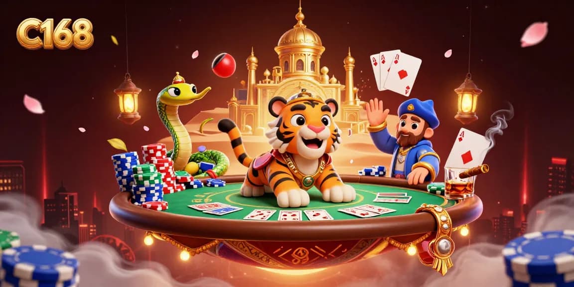 C168 provides a vibrant casino experience, showcasing a tiger sultan on a carpet of poker chips, surrounded by cards and chips.