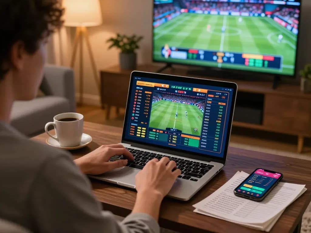 Engaging in sports betting on da88 com, player using laptop in cozy living room atmosphere.