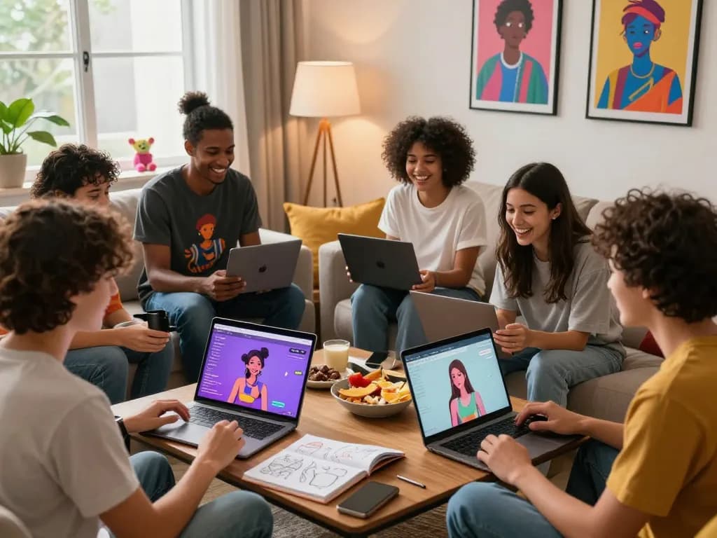 Engaging scene of individuals chatting with AI 18+ character avatars in a cozy setting, showcasing lively interactions.