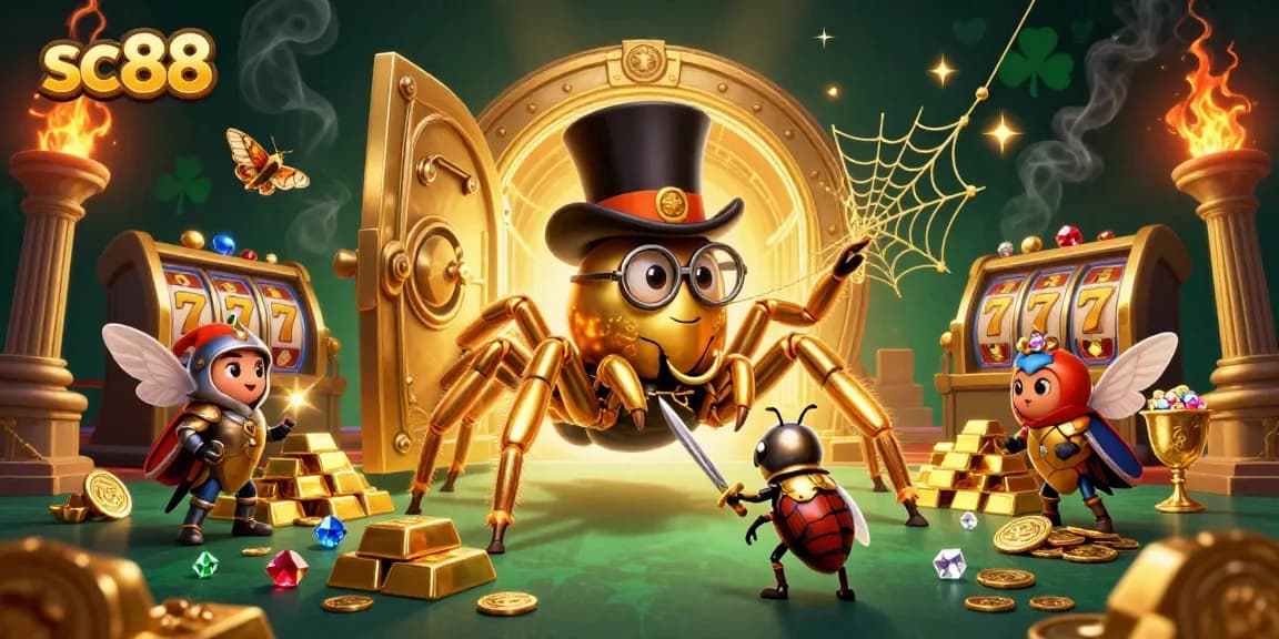 Experience the thrill of sc88, where a vibrant golden tarantula and beetle knight bring the casino to life.