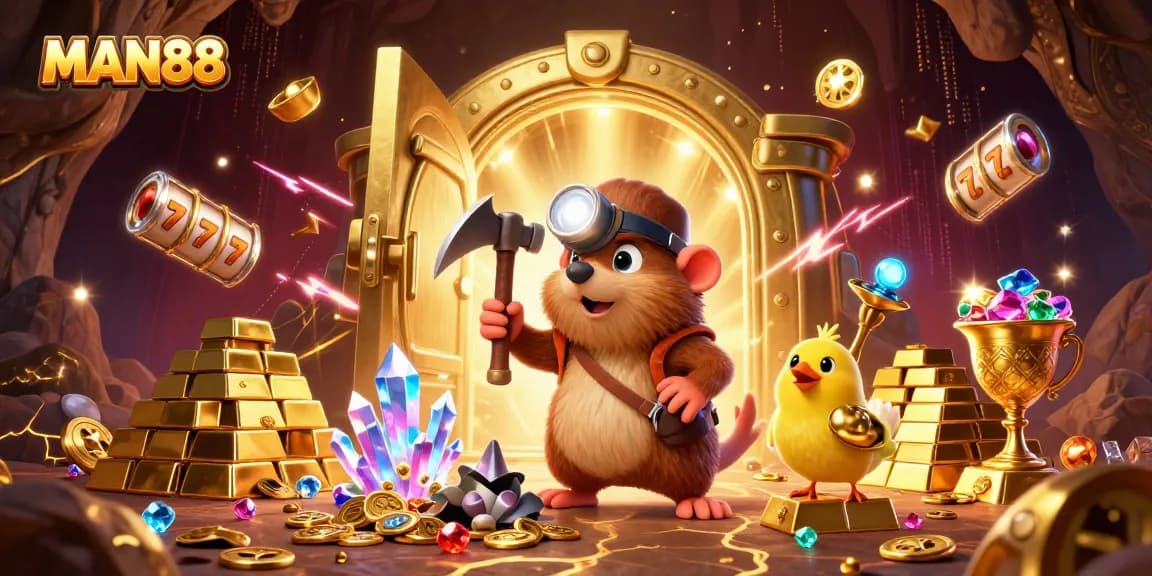 Experience the MAN88 online casino adventure with a treasure-seeking mole and sparkling gems!