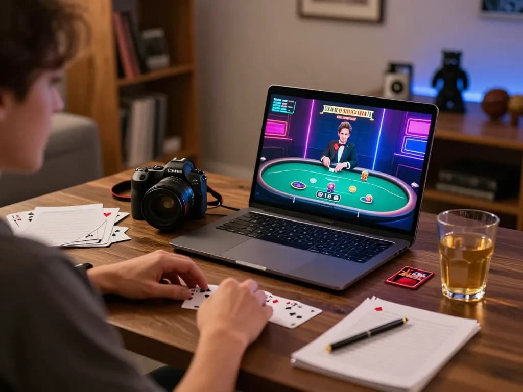 Person strategizing on poker gameplay at https://fun79.today/ with cozy home lighting and strategy notes.