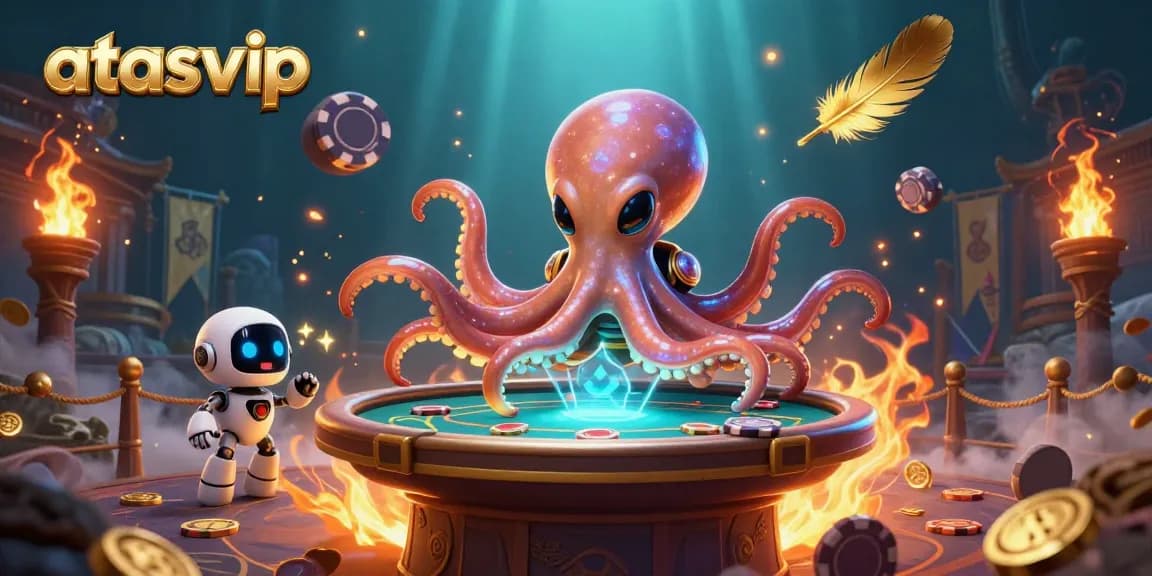 Join the cosmic adventure at atasvip with a vibrant scene of a playful alien octopus at a poker table!