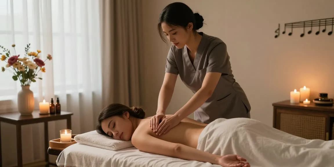 Relaxation during 수원출장마사지 in a serene home setting with professional therapist.