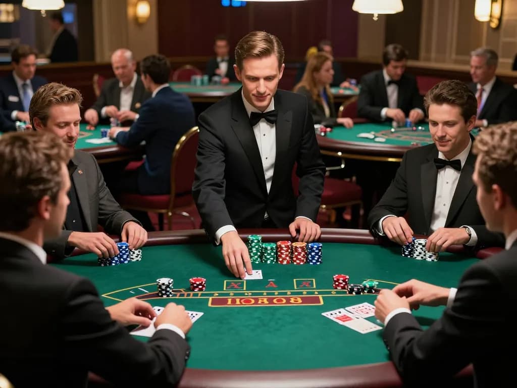 A23win players making strategic decisions at a lively blackjack table in a vibrant casino.