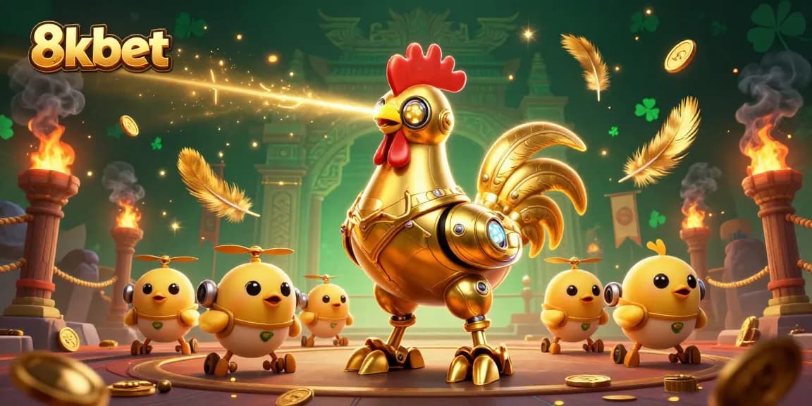 Experience thrilling gaming action with the vibrant 8xbet golden rooster robot and chick drones.