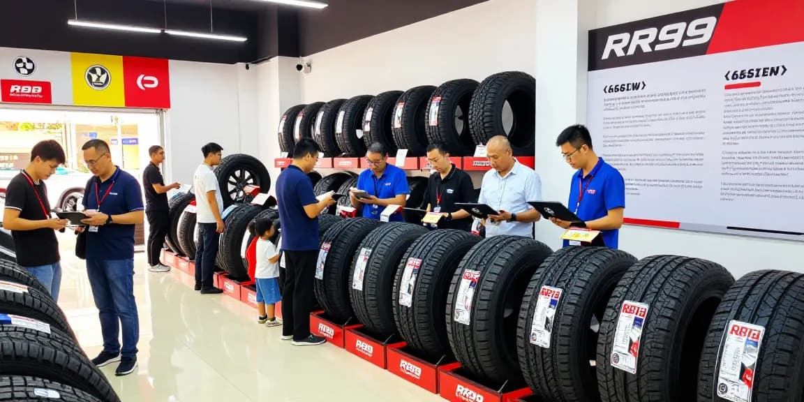 Choosing Double Coin RR99 tires with expert assistance in a vibrant tire showroom
