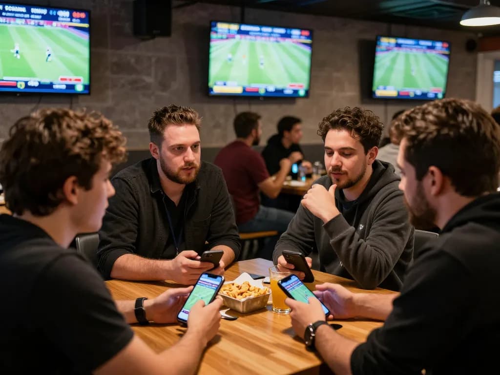 Friends engaging in sports betting strategies with 789bet app during a live game