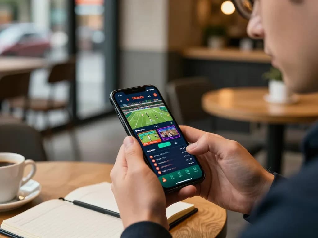 A user engages with the 789bethv casino app on smartphone, showcasing live sports betting excitement in a cozy café.