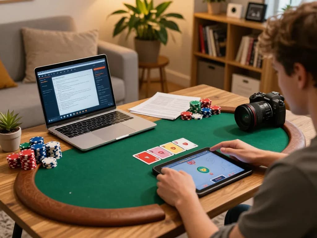 Engaging in online poker at home, showcasing the oxbet gaming experience with cards and strategic notes.