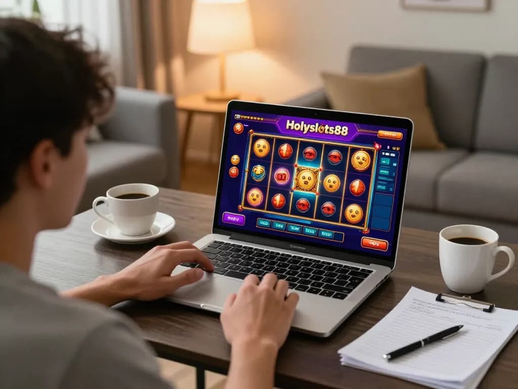 Player enjoying Holyslots88 online slots on a laptop, showcasing immersive gaming experience.