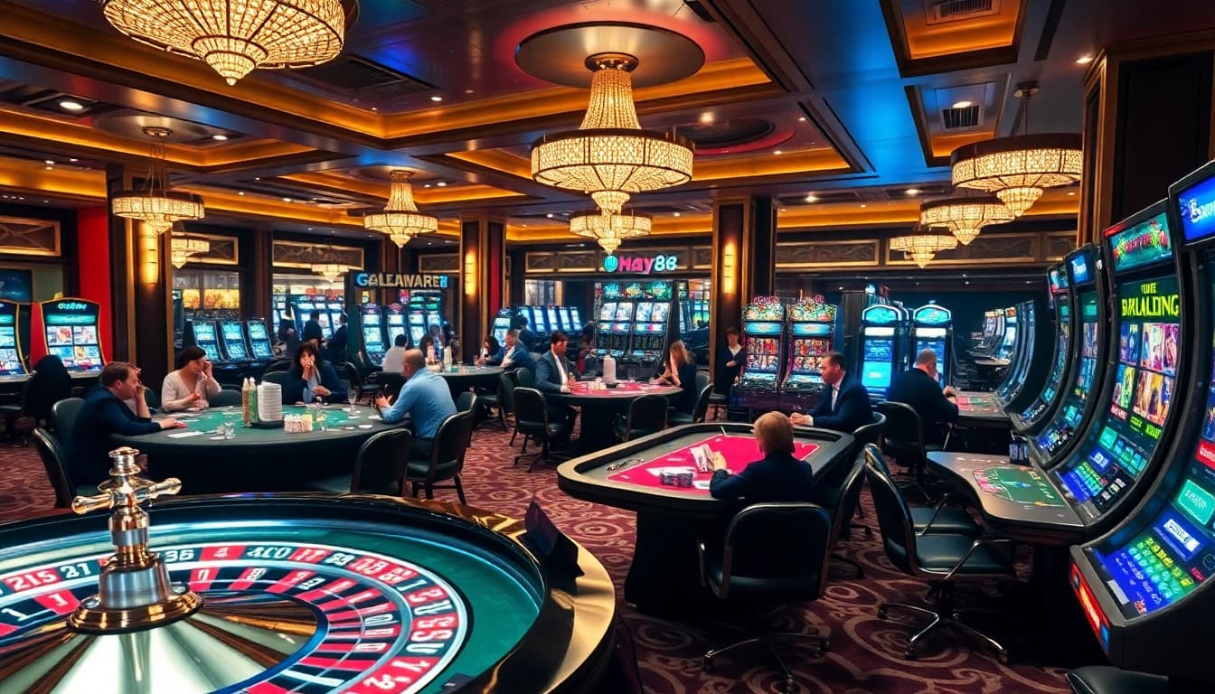 The luxurious casino atmosphere at https://hay88.my/ with vibrant gaming tables and high-stakes poker.