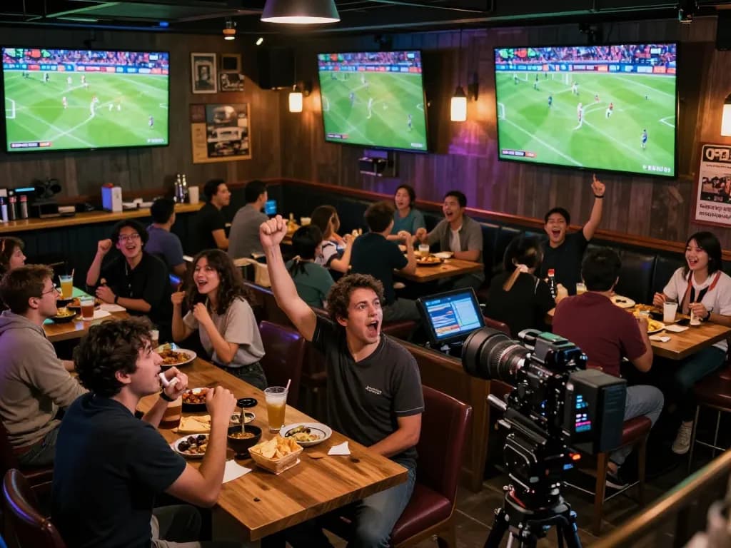 Excited fans watch trực tiếp bóng đá socolive at a vibrant sports bar, enjoying snacks and drinks.