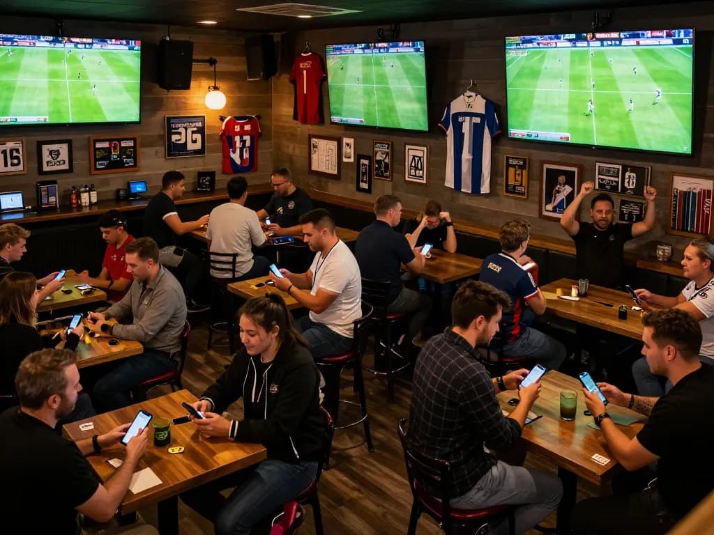 Xem bóng đá Socolive with fans engaged in sports betting using smartphones in a vibrant sports bar setting