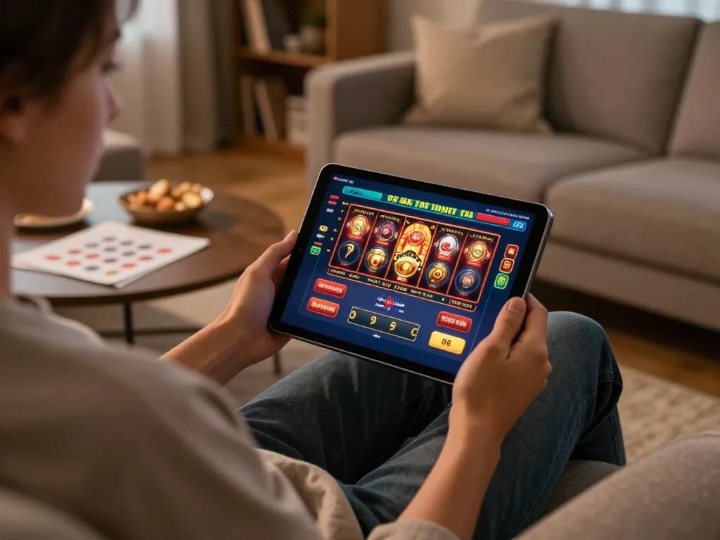 Engaging in online betting with ok fun on tablet while relaxing at home sofa.