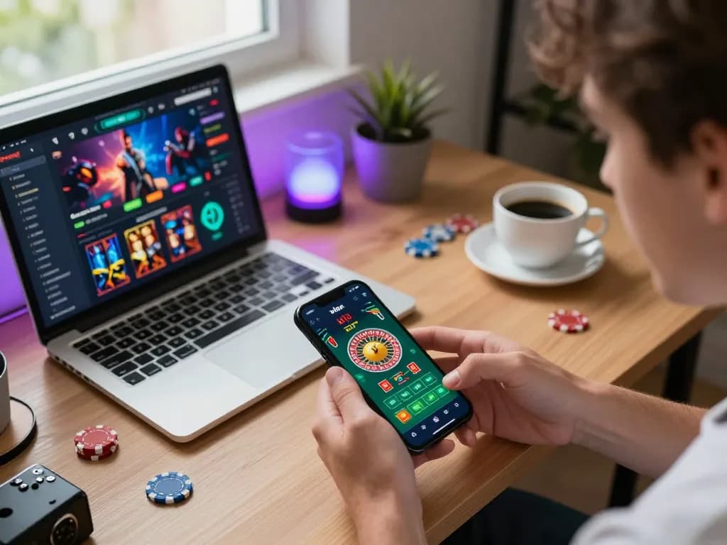 Xibet app user engaging in live roulette game on smartphone, surrounded by cozy home office setup.