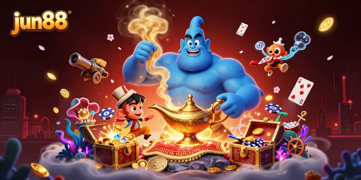 Experience the magic at jun88 with a vibrant 3D casino scene featuring a genie and poker chips.