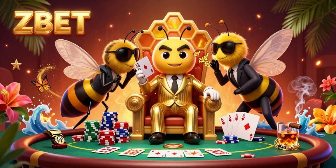 ZBET showcases a dynamic gambling scene with a boss bee and poker elements, calling all players to the table.