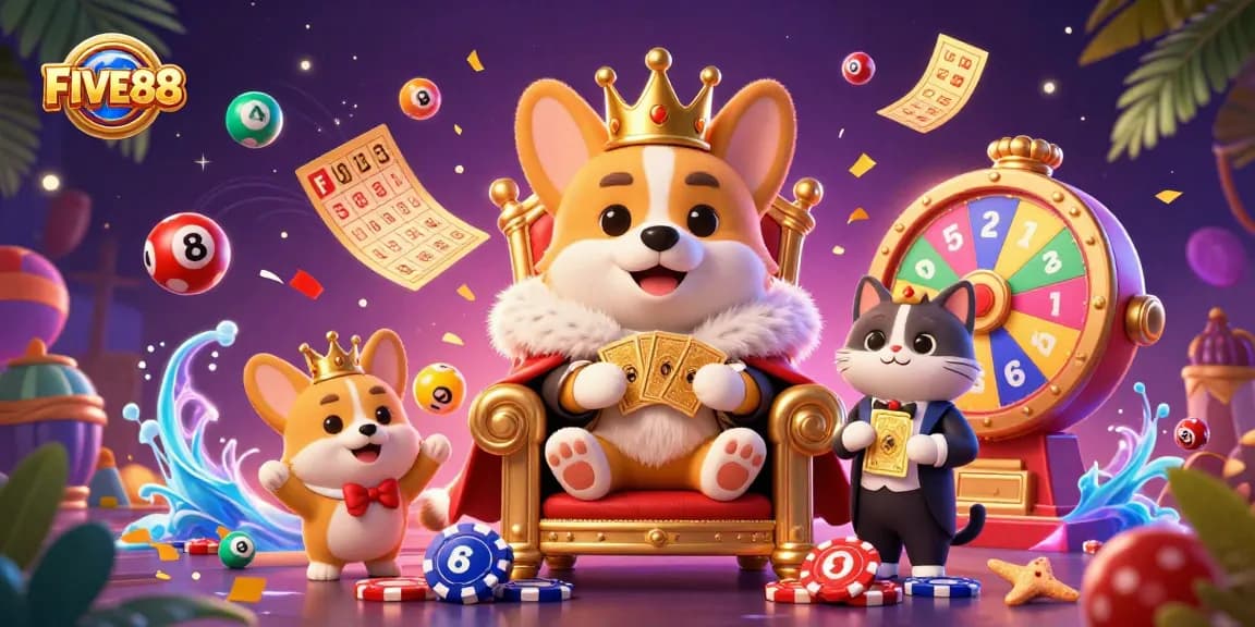 Experience the excitement of FIVE88 with vibrant games and royal themes in this lively scene.
