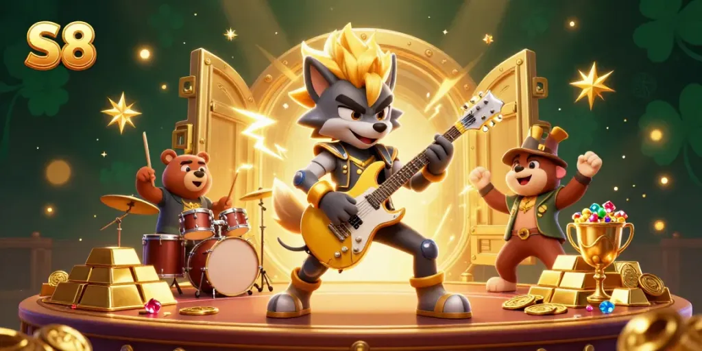 Experience the thrill of S8 casino with dynamic characters and golden treasures in vibrant 3D illustration.