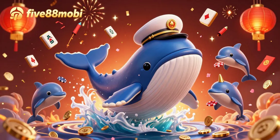 Experience thrills with five88mobi's exciting casino games illustrated by a vibrant whale, narwhal, and dolphins.