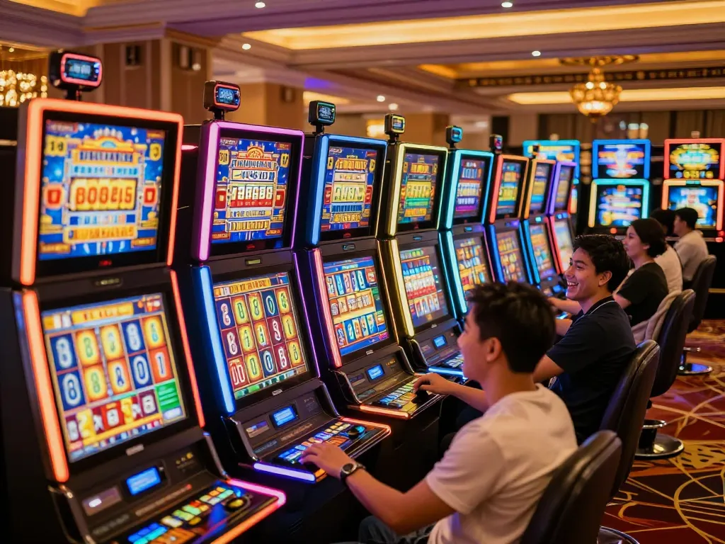 Players enjoying interactive slot machines at mb66ac casino, vibrant lights and exciting gameplay.