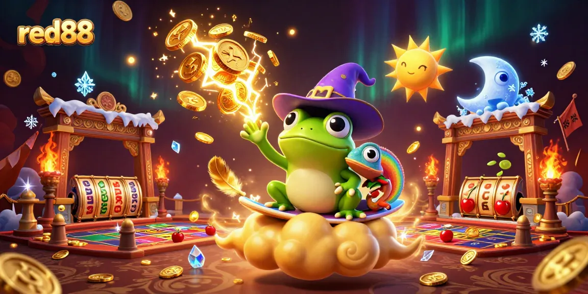 Experience the excitement of red88 with a vibrant scene of a weather wizard frog and a chameleon amidst a storm of coins.
