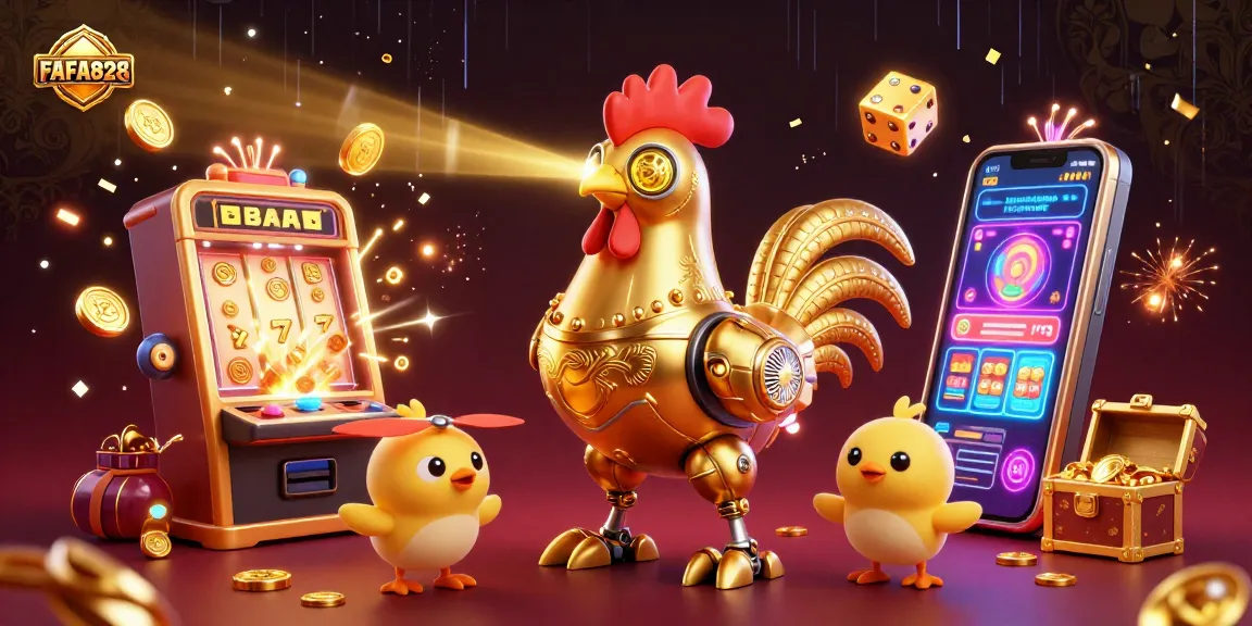 Experience FAFA828's thrilling jackpots with a golden rooster robot and baby chick drones!