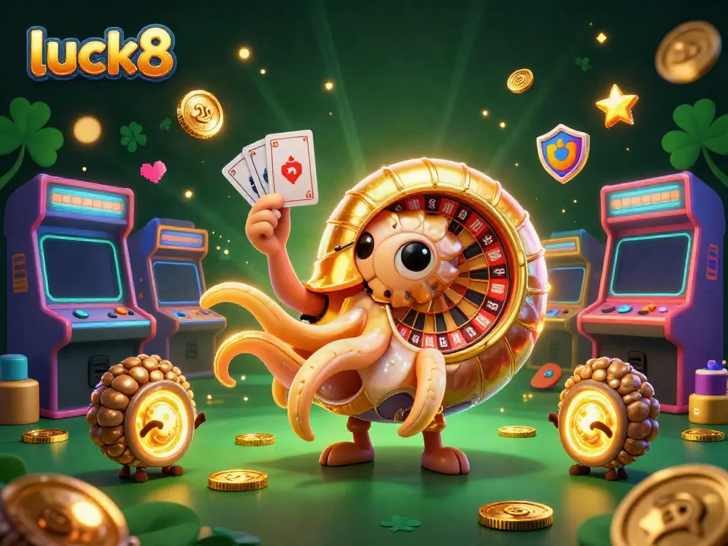 Experience the thrill of luck8 with a vibrant 3D illustration showcasing an ancient nautilus roulette wheel and casino elements.