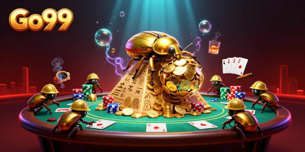 Experience the excitement of Go99 with a 3D scene of golden beetles and vibrant poker elements.